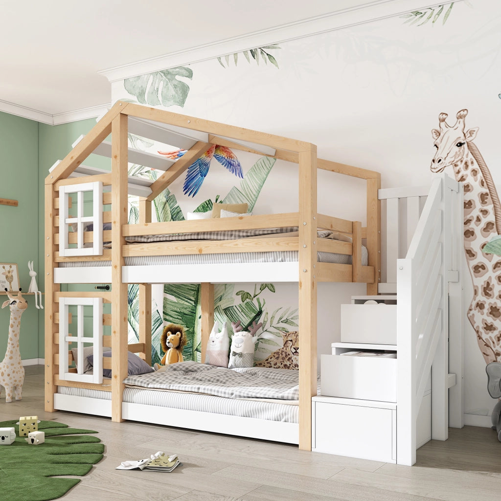 Letto a castello per bambini 90x200 cm a casetta con design ad albero; cassetti contenitore; legno massello e MDF; bianco e naturale