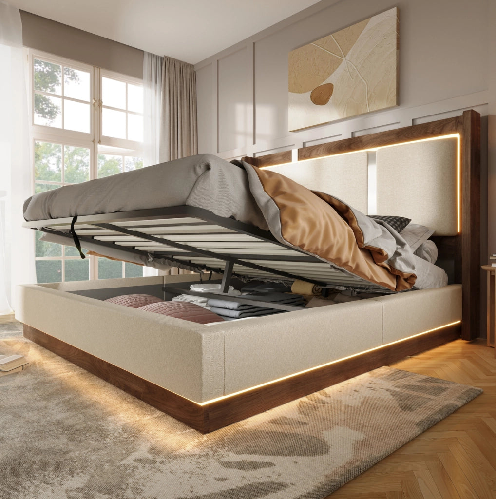 Letto matrimoniale 140x200 con contenitore idraulico, LED, rete e testiera imbottita beige