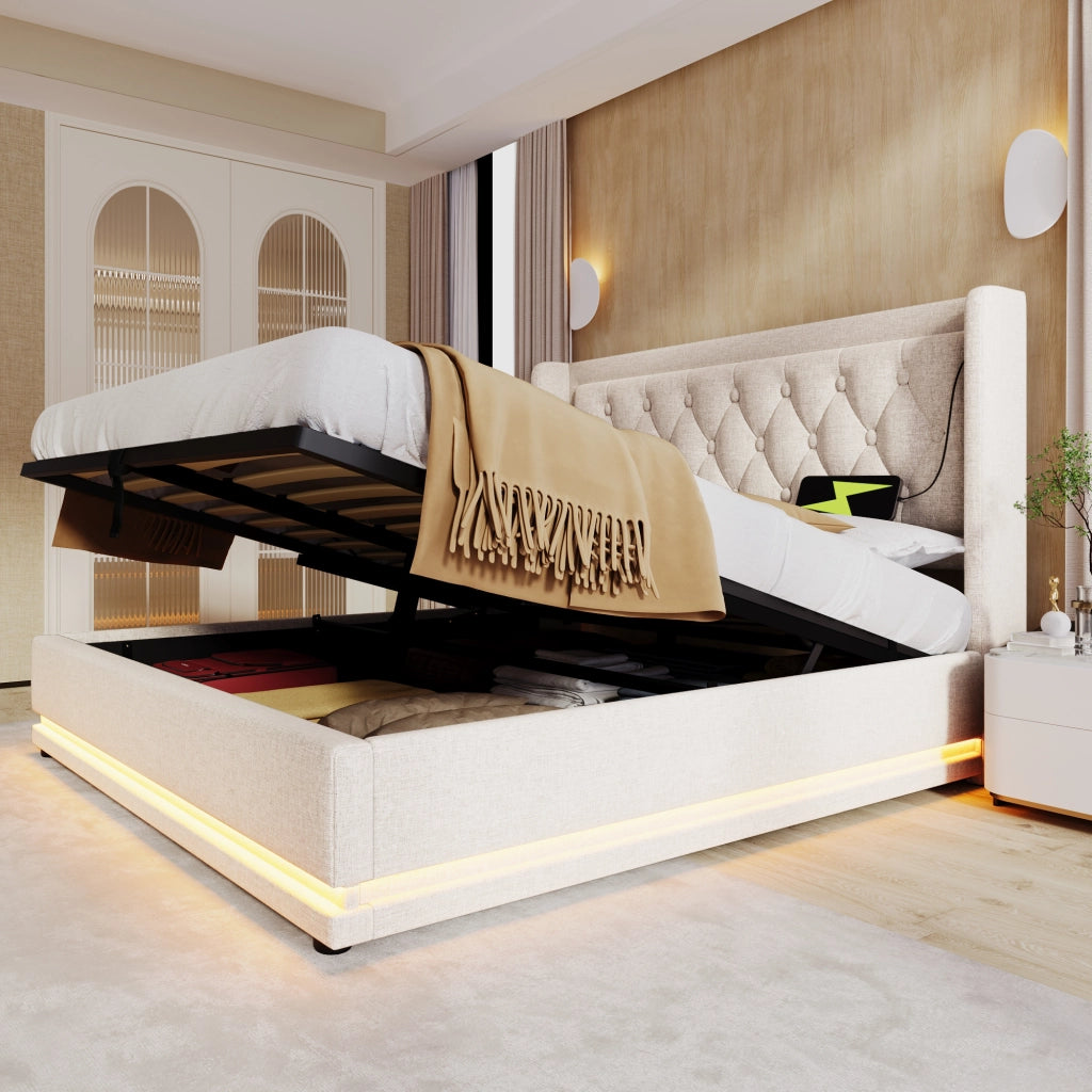 Letto matrimoniale contenitore beige 160 x 200 cm con rete sollevabile