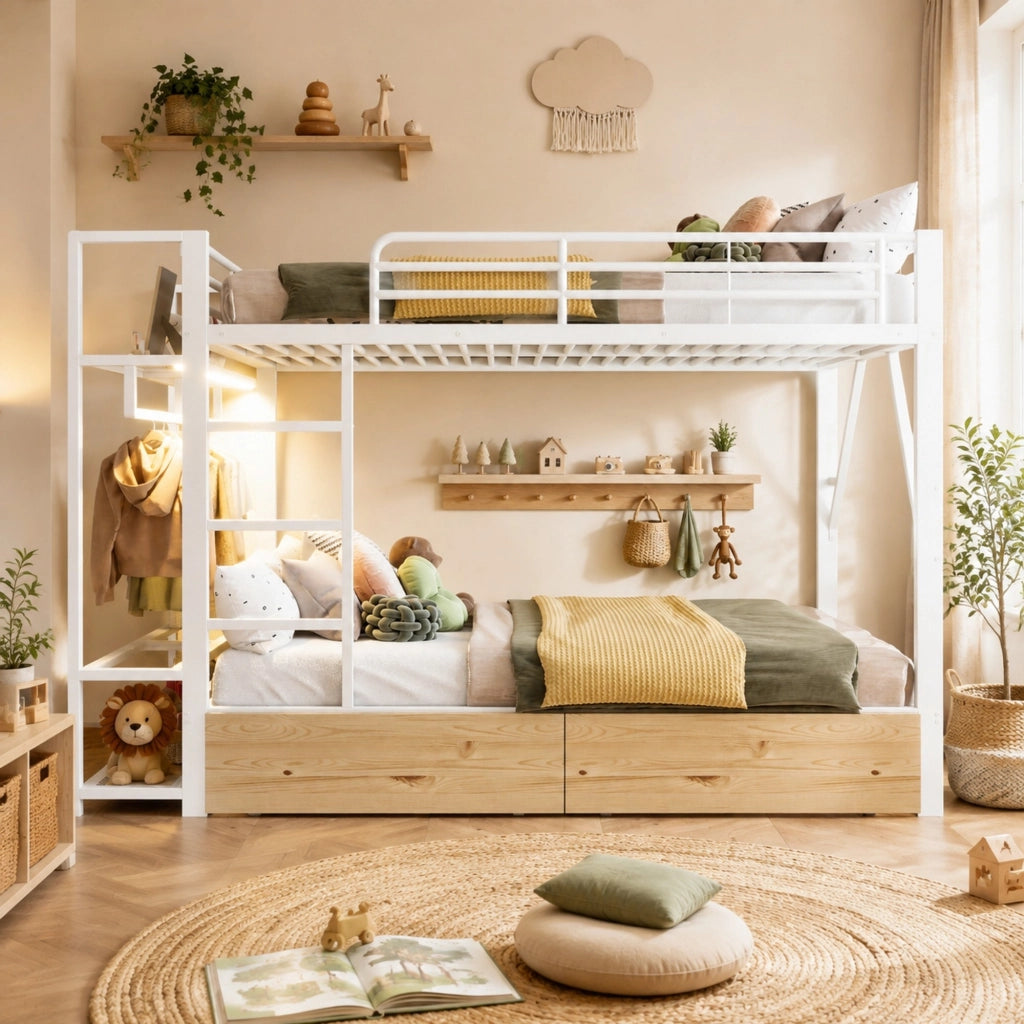 Letto a castello 140 × 200 cm con struttura in metallo e MDF bianco LED app due cassetti ripiani e stendino