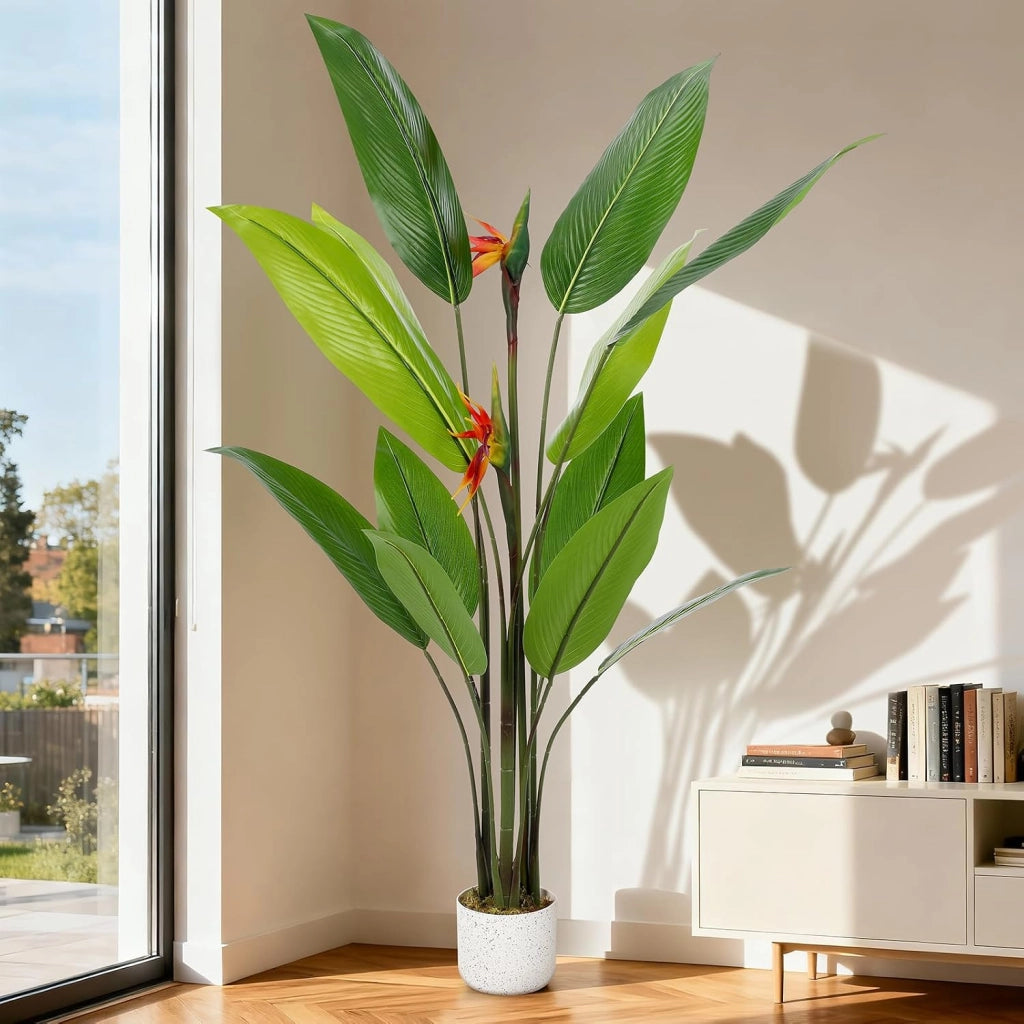 Strelitzia Uccello del Paradiso Artificiale 145 cm con 12 Foglie in PEVA e Vaso