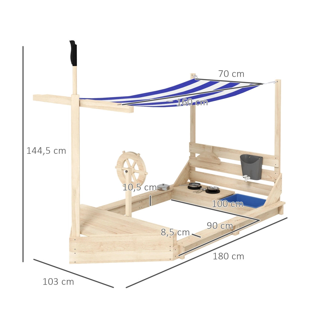 Sabbiera barca pirata giardino 180 x 103 x 144.5 cm contenitore portaoggetti tenda parasole grande scandinavo in legno naturale 21_0000351