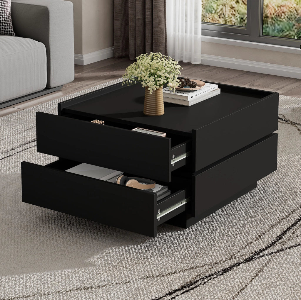 Tavolino da caffè girevole 360° 60x60x38 cm con 2 cassetti in truciolare nero