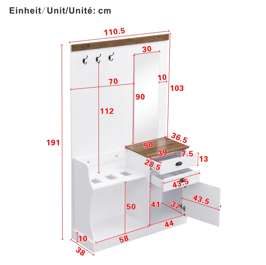 Set guardaroba ingresso 110,5x38x191 cm bianco, truciolare con specchio e 2 cassetti