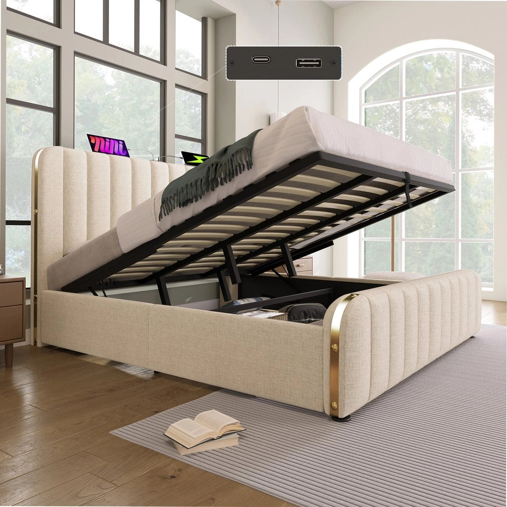 Letto Contenitore Imbottito con Materasso ¨C MINIMAL ¨C Beige, Idraulico, USB, 180x200