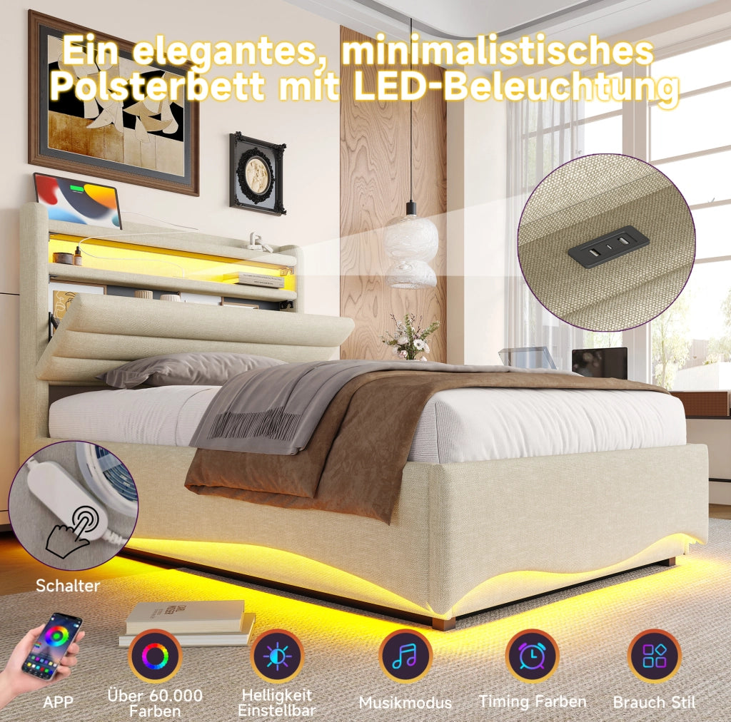 LETTO Contenitore 90x200 cm in lino beige con LED, USB e Type-C