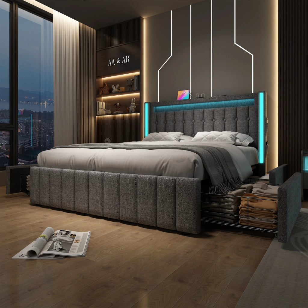 Letto con cassetti 160 × 200 cm con LED; ricarica USB e Type-C; rivestito in lino grigio con rete a doghe