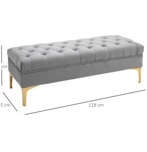 Panca imbottita 118x45x42 cm in velluto grigio chiaro con gambe dorate