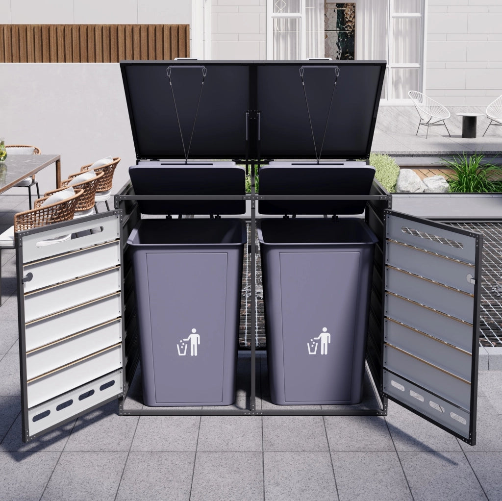 Cassonetto porta bidoni 2 scomparti in ferro con rivestimento effetto legno e coperchio idraulico, chiusura sicura, ventilazione anti odori