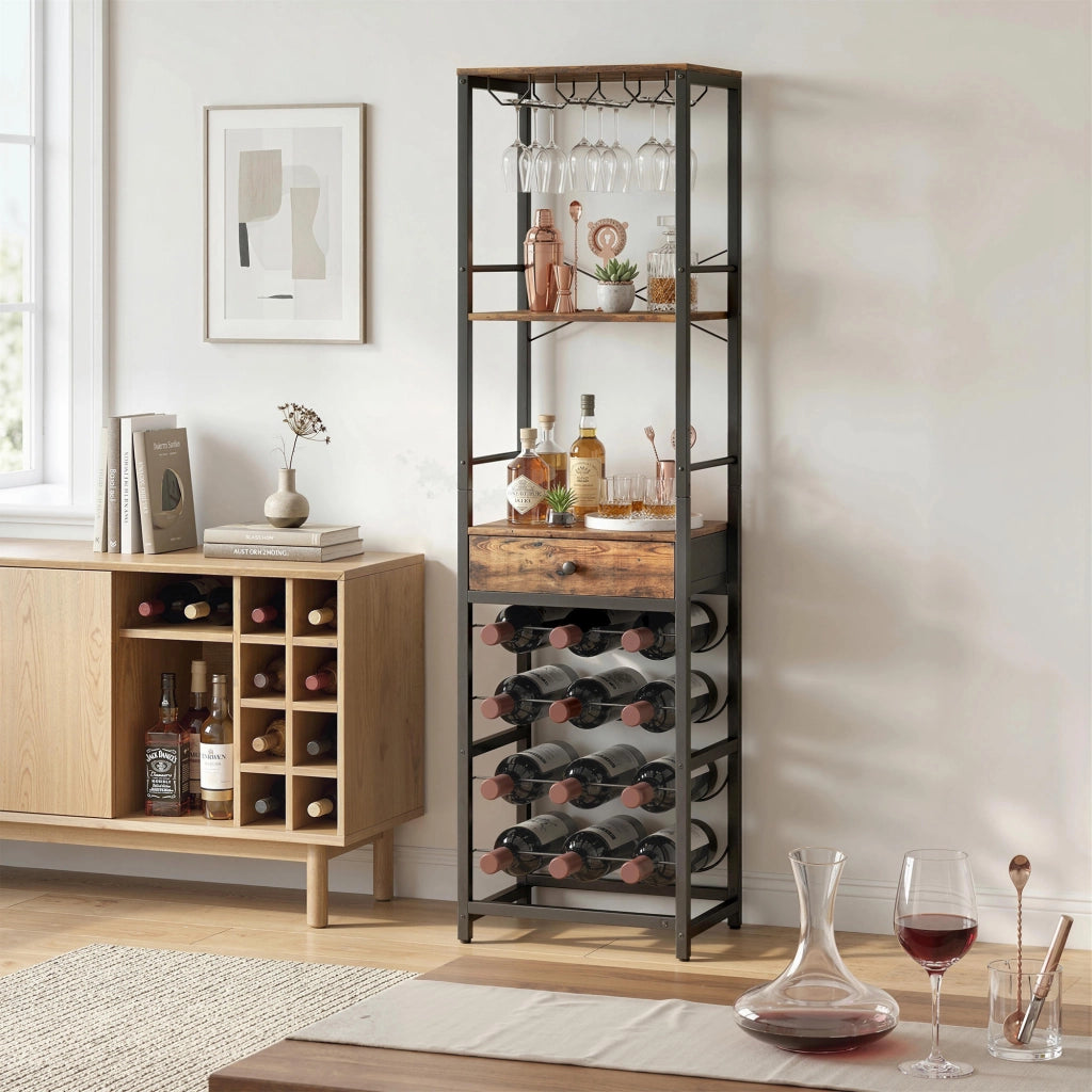 Mobile Bar con Cassetto e Portabicchieri ¨C Minimal ¨C Marrone Rustico