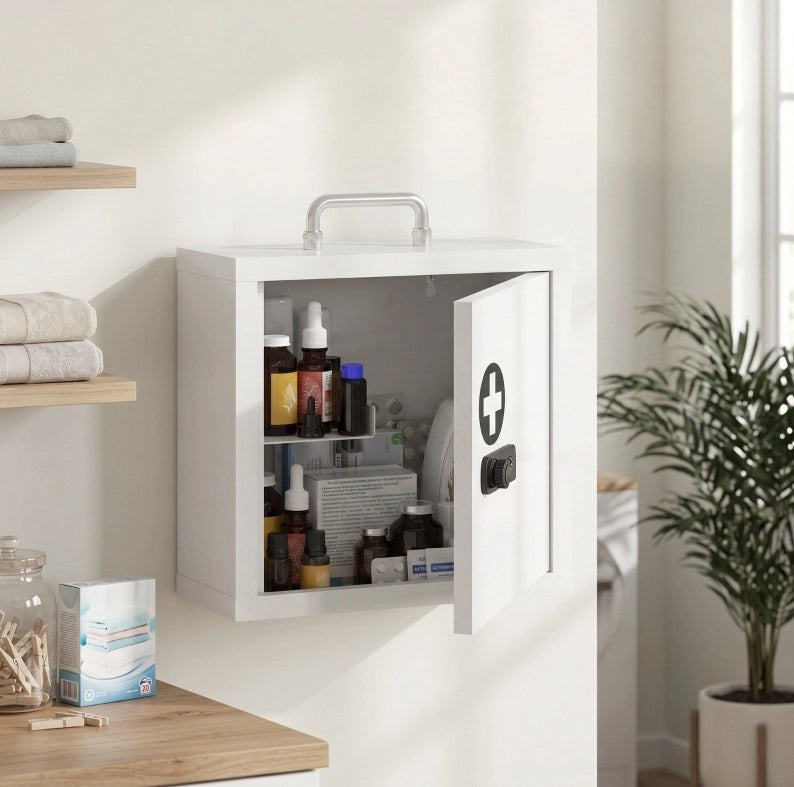 Armadio porta medicinali da parete in acciaio inox con chiusura a combinazione, 2 livelli, bianco, 30x14x30 cm