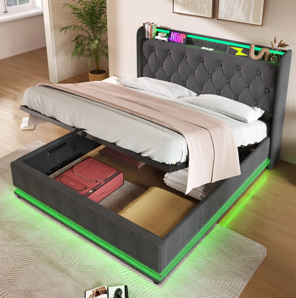 Letto matrimoniale contenitore 140x190 cm con LED e USB; in lino grigio