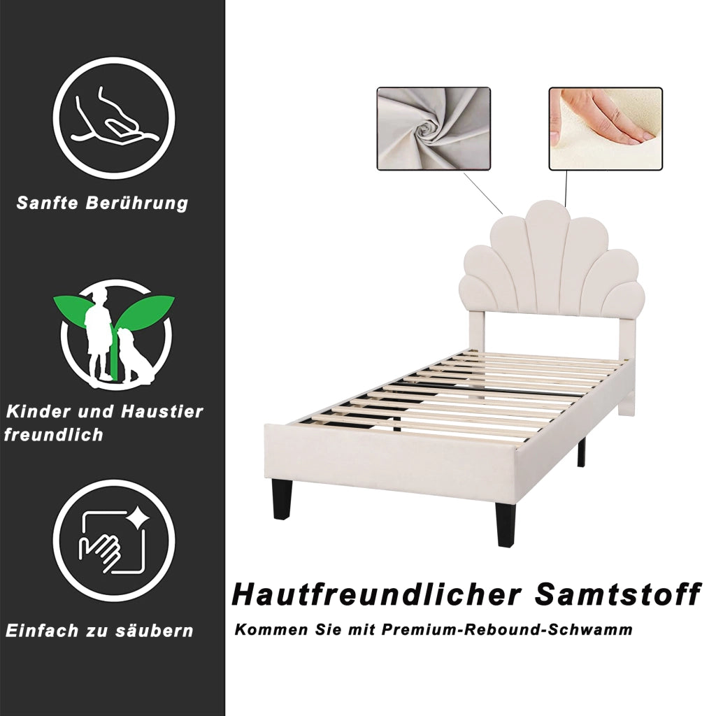 Letto imbottito 90 × 200 cm con testiera a fiore in velluto beige; rete a 12 doghe e struttura in MDF