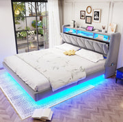 Letto imbottito 180x200 cm con testiera multifunzione, LED e prese integrate