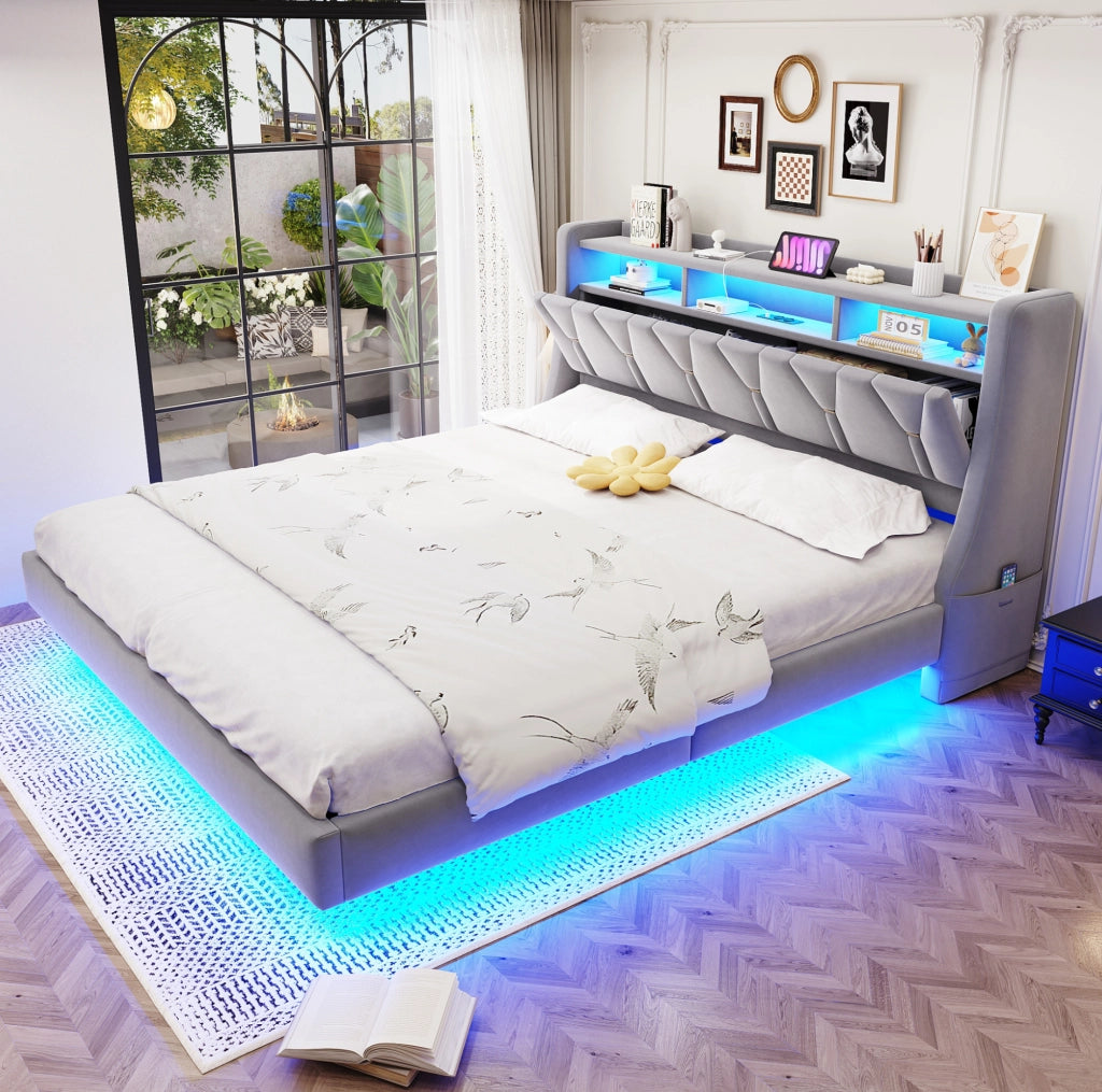 Letto imbottito 180x200 cm con testiera multifunzione, LED e prese integrate