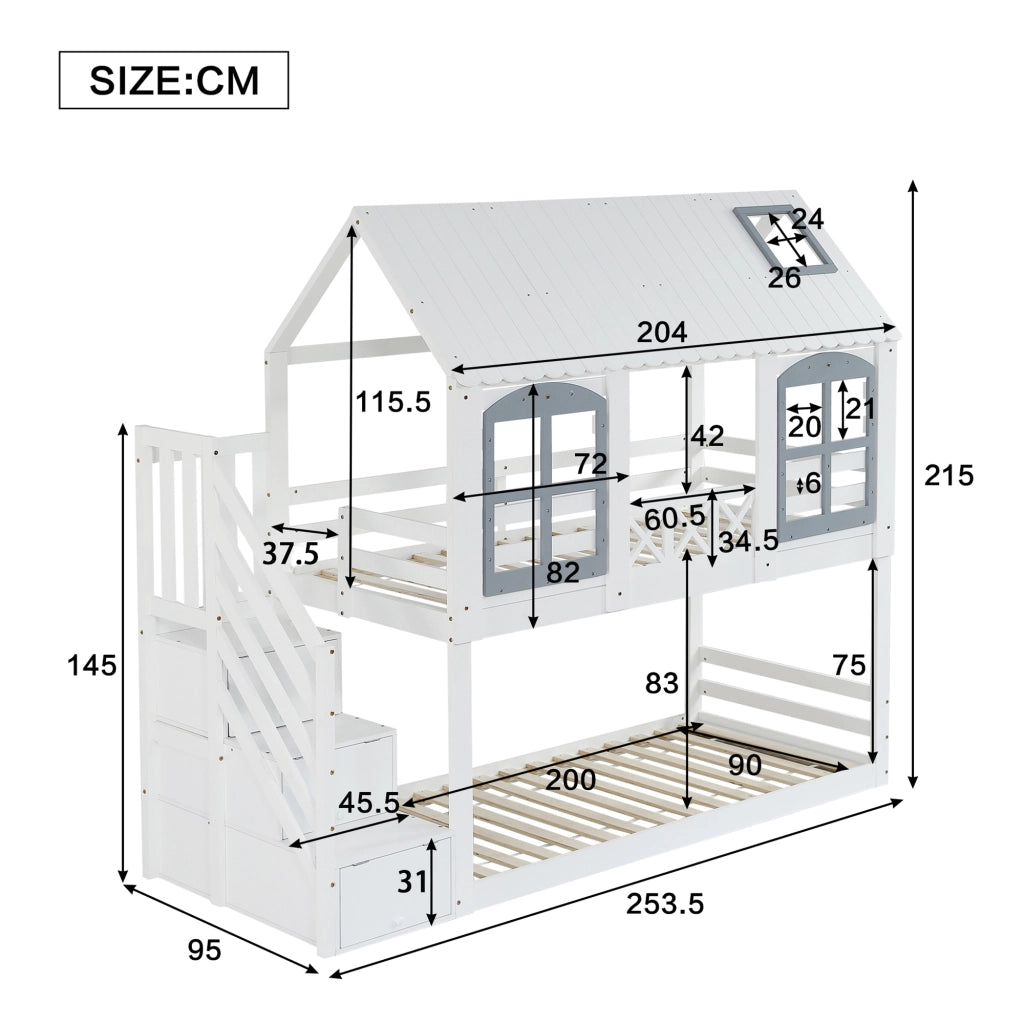 Letto a castello per bambini 90x200 cm in pino e MDF; a casetta con tetto; finestre e scala contenitore; bianco e grigio