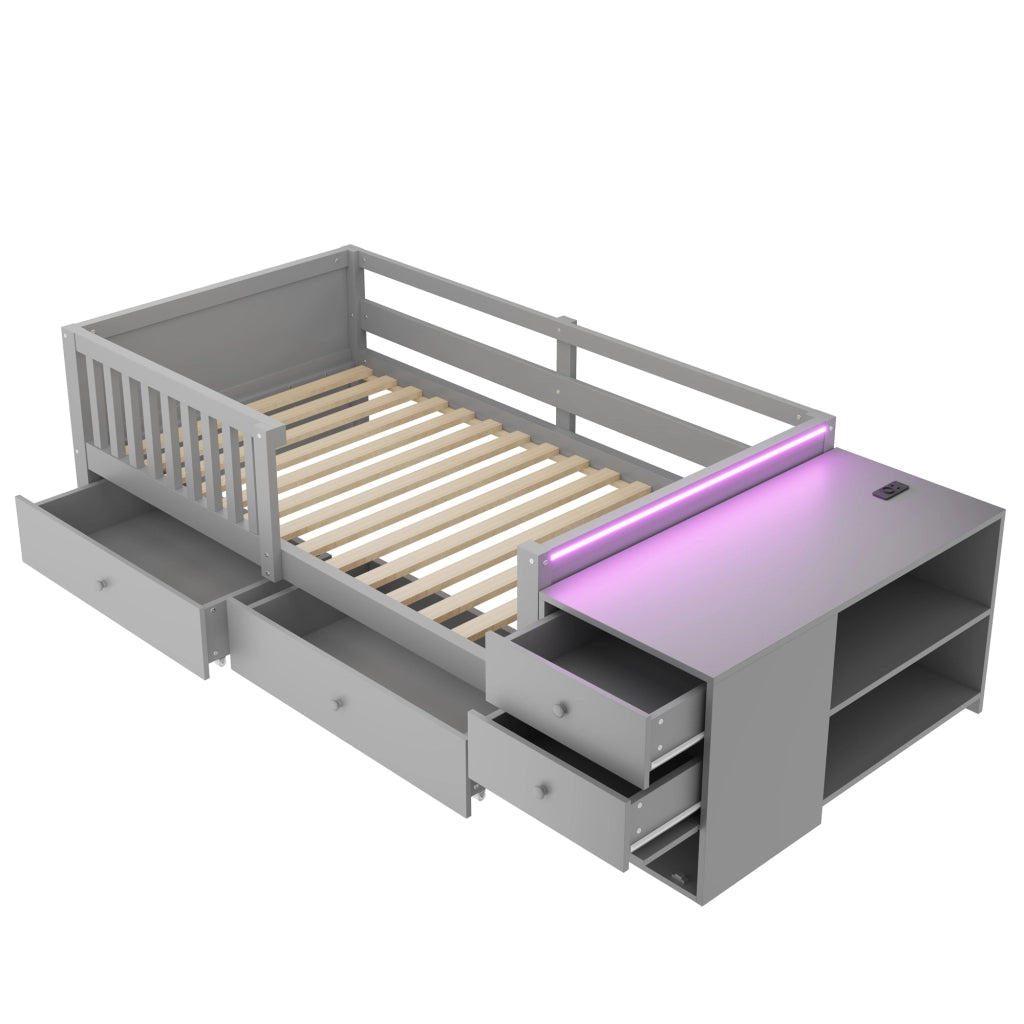 Letto per bambini 90 x 200 cm - letto singolo con contenitore, scrivania, 2 cassetti, ripiani, presa, LED e sponda di sicurezza - legno e MDF - grigio