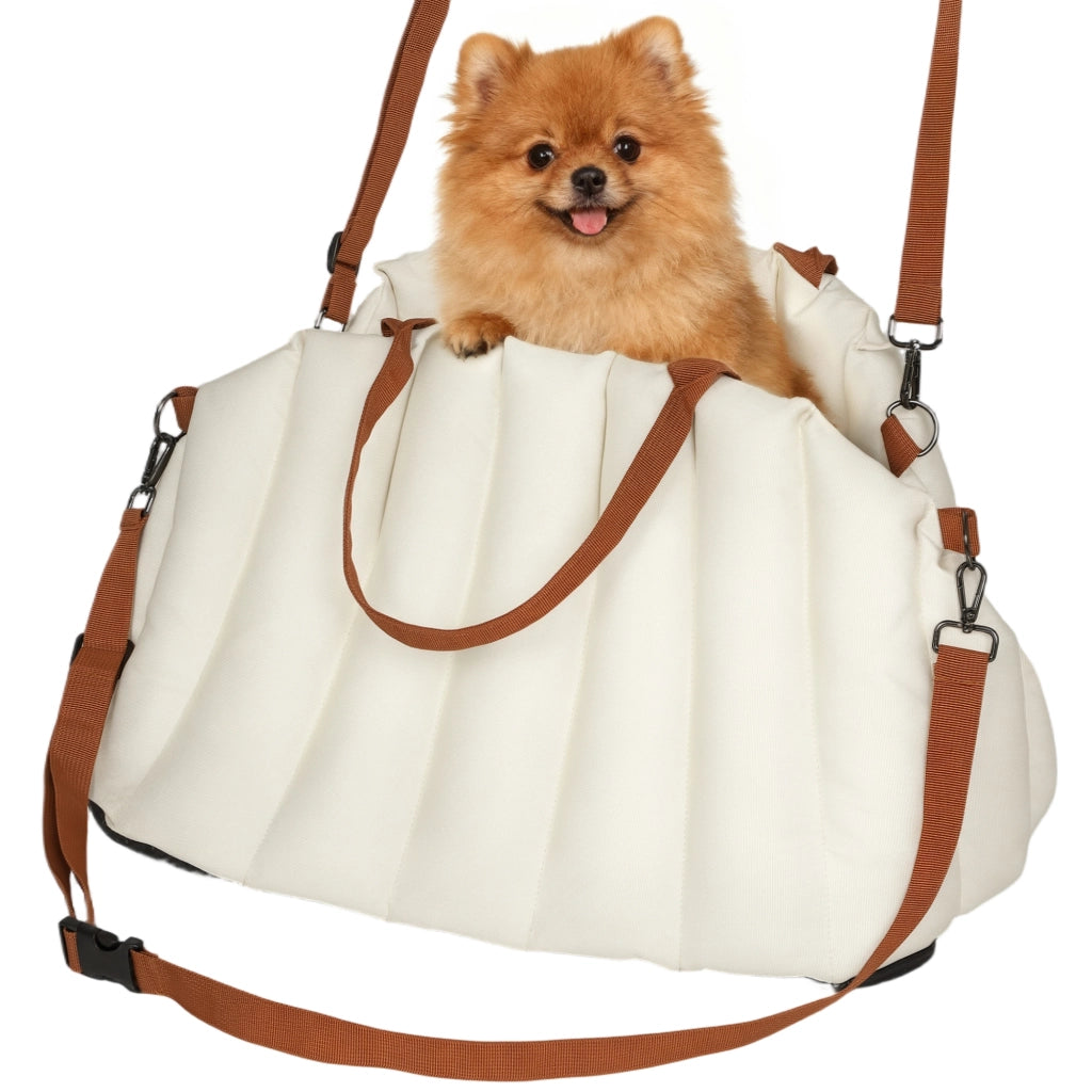 Seggiolino Auto per Cani Piccoli con Guinzaglio e Base Antiscivolo, Convertibile in Borsa per Animali, Crema