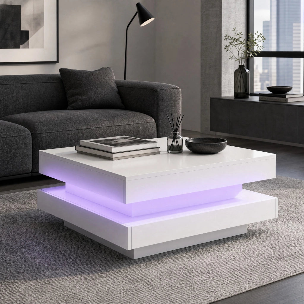 Tavolino da caffè quadrato bianco lucido 70x70x36 cm con piano girevole a 360° e LED