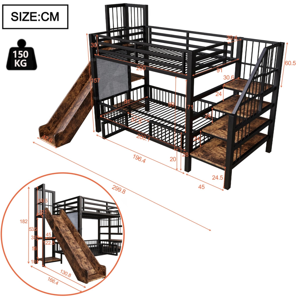 Letto a castello per bambini in metallo con scivolo, scala con contenitore e ripiani integrati 90x200 cm, nero