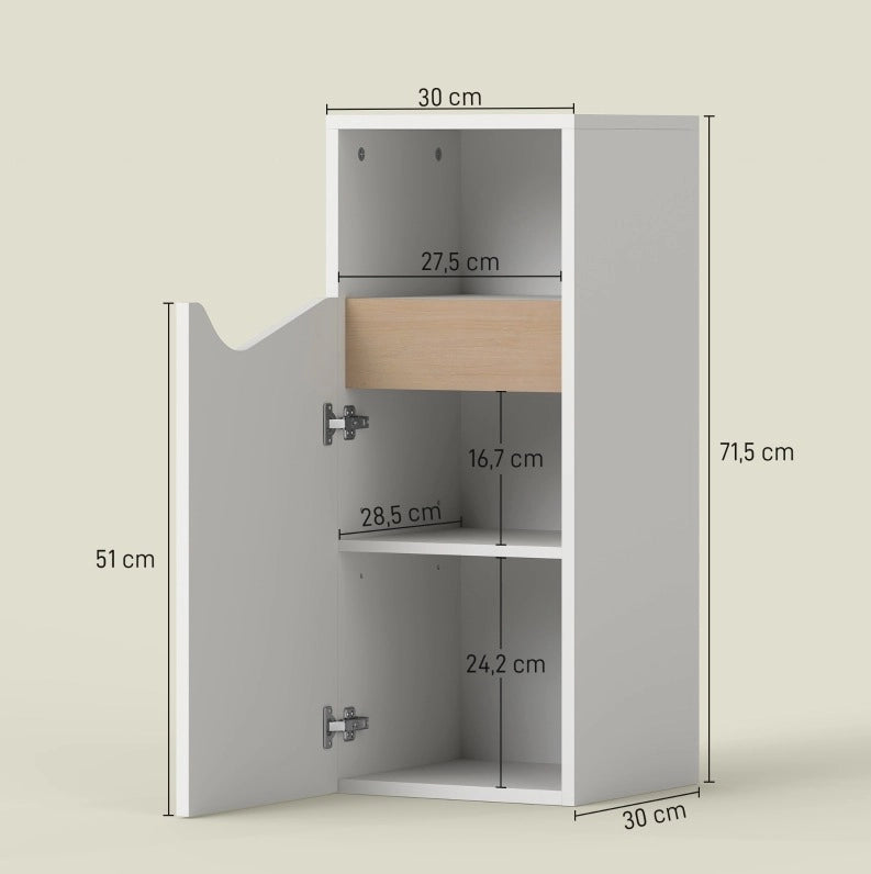 Mobile bagno salvaspazio bianco con ripiani regolabili e anta soft-close – 30 × 30 × 71,5 cm