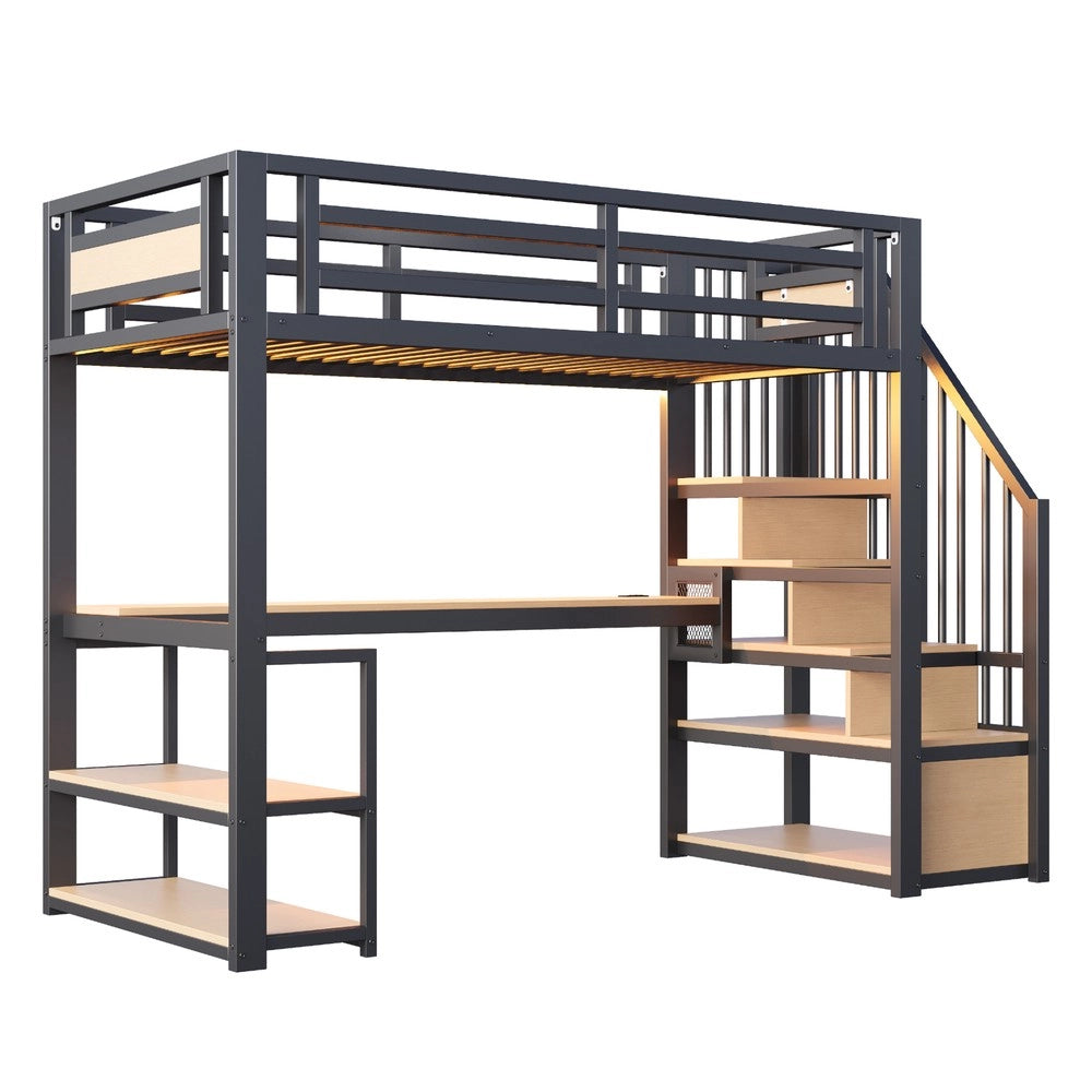 Letto a Soppalco in Metallo con LED, Presa, Ripiani e Tavolo ¨C Xylo ¨C Nero 90x200