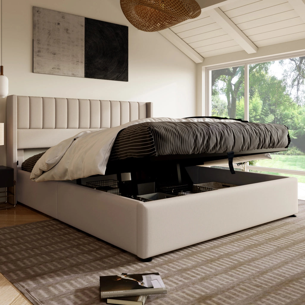 Letto contenitore 160 × 200 cm con sollevamento idraulico; rete a doghe e testiera imbottita in lino beige