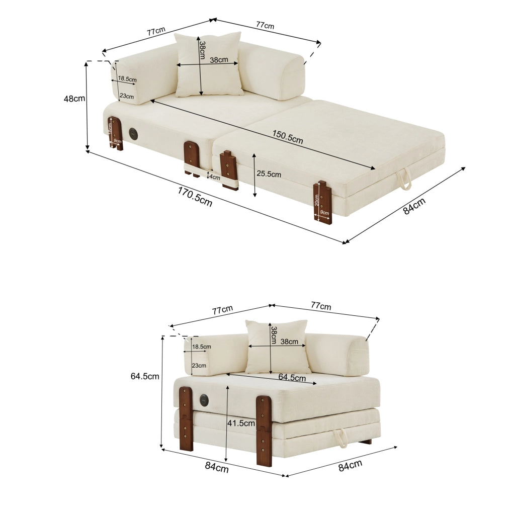 Divano letto pieghevole 2 in 1 170,5x84x48 cm beige con USB, Type-C e contenitore
