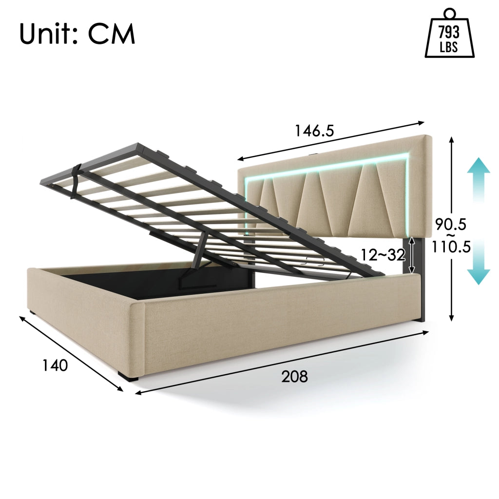 Letto Contenitore Matrimoniale 140 x 200 cm; USB e Tipo C; LED; Testiera Regolabile in Lino Beige