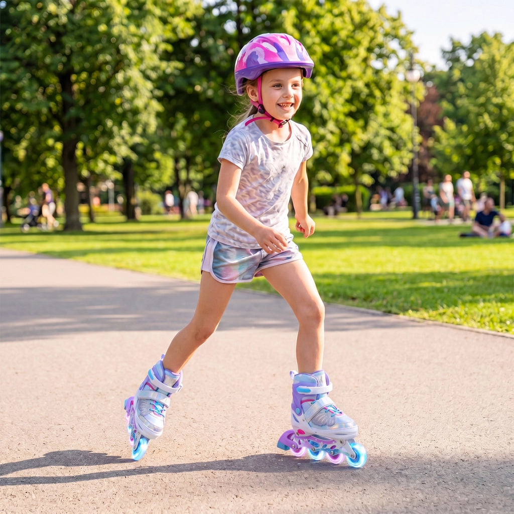 Pattini in linea per bambini con ruote luminose, Pattino a rotella per principiante misura regolabile professionale sport Blu M