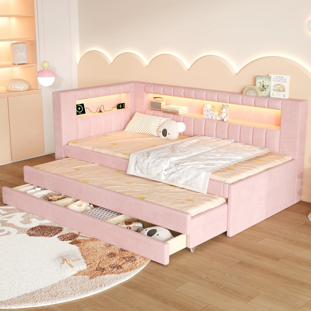 Letto estraibile 90x200 cm rosa in MDF con LED, USB e 3 cassetti
