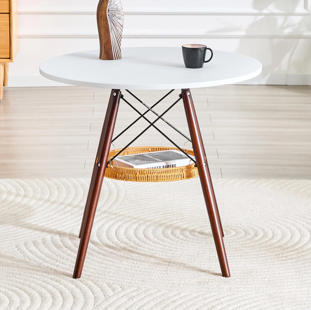 Tavolo da pranzo rotondo ULEVR ?80 cm con cestino sospeso, piano MDF bianco e gambe in legno massello noce