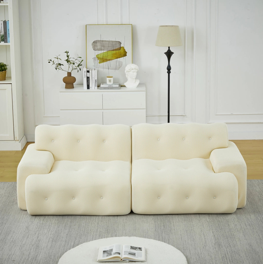 Divano Cloud due posti beige con braccioli larghi e design moderno, 224x104x66 cm