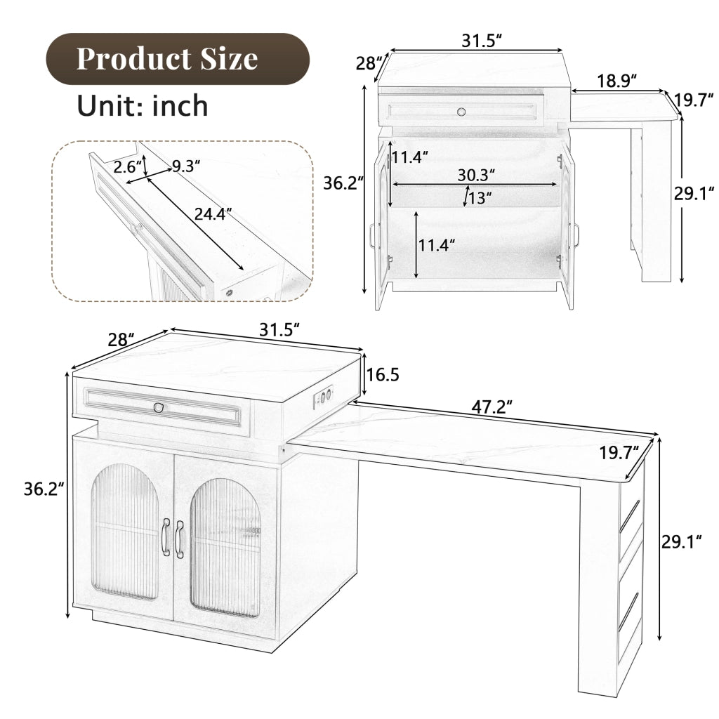 Isola Cucina con Ruote e Tavolo da Pranzo Allungabile; Tavolo Bar con Prese Elettriche; LED a 5 Colori; 128-200 cm; Bianco