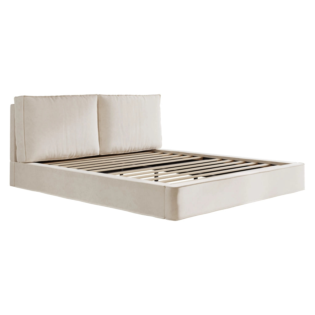 Letto matrimoniale 160x200 cm in chenille beige con testiera imbottita e rete a doghe