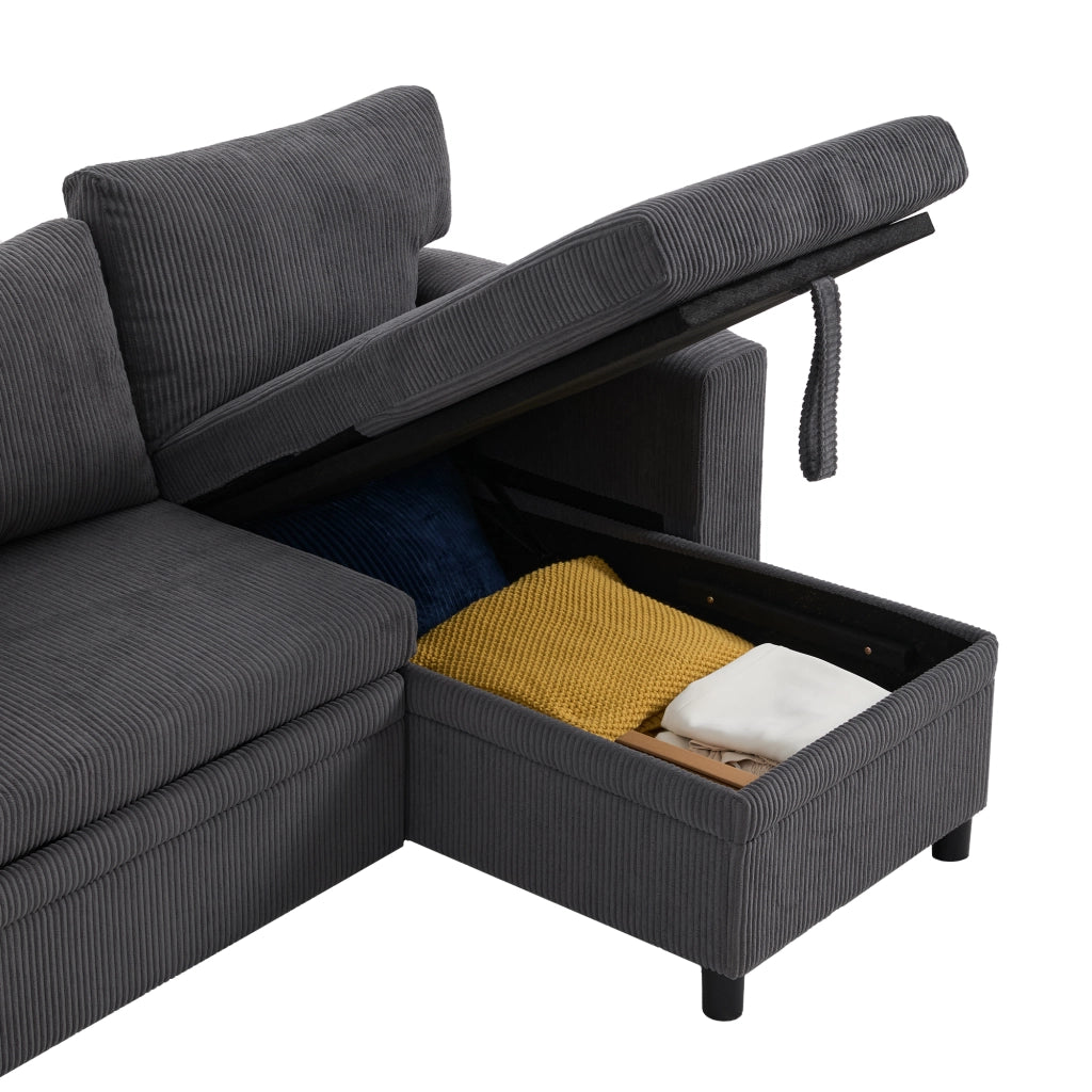 Divano letto angolare 231x131,5 cm con contenitore, USB e USB-C in velluto a coste grigio