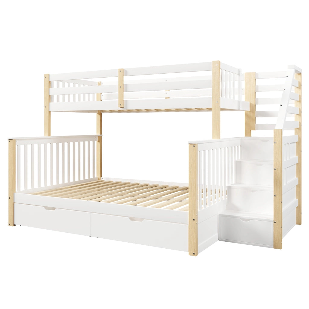 Letto a castello per bambini 90x200 e 140x200 cm con cassetti; pino; bianco e naturale