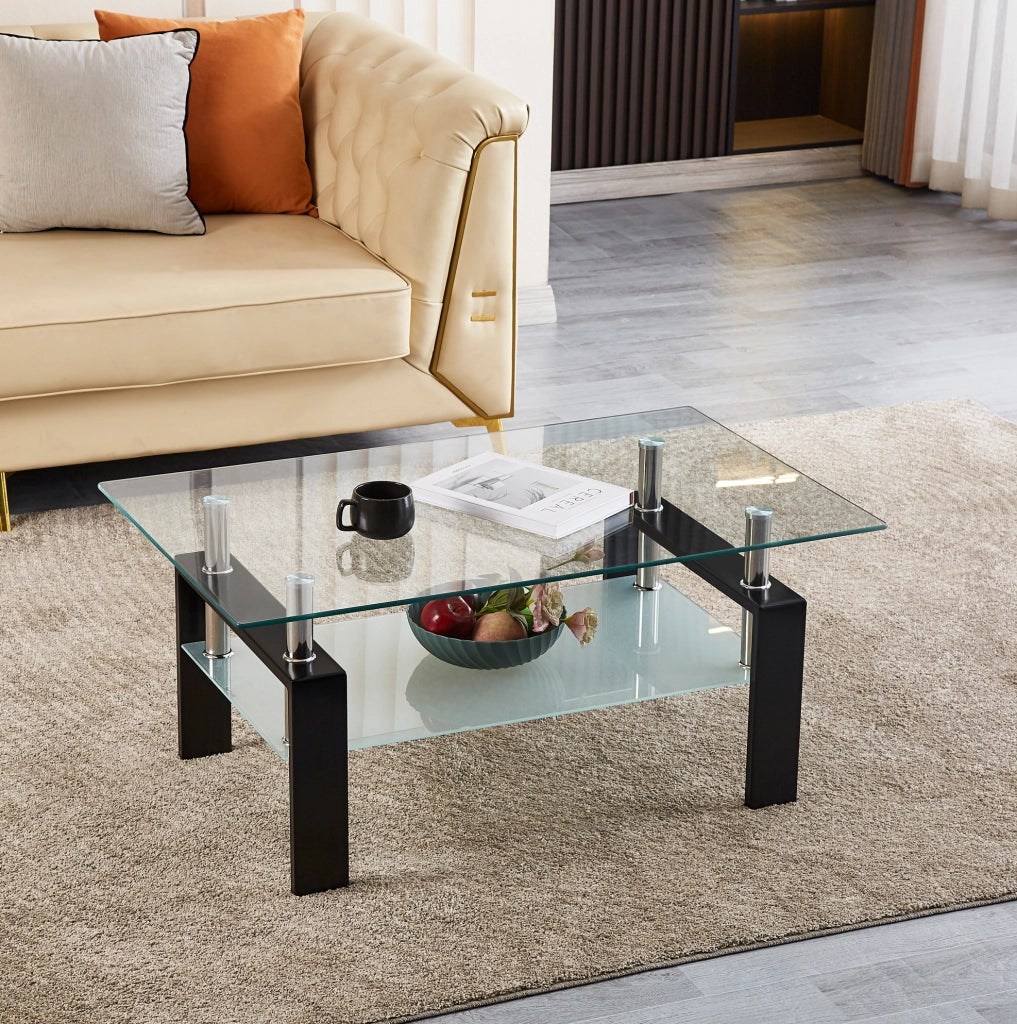Tavolino 100x60x44 cm in vetro temperato trasparente e metallo, doppio ripiano