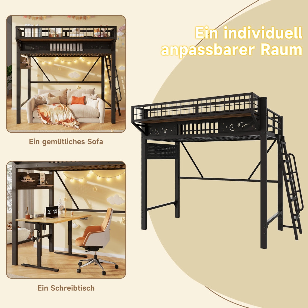 Letto a soppalco 90 × 200 cm con vani portaoggetti e spazio inferiore aperto in metallo nero