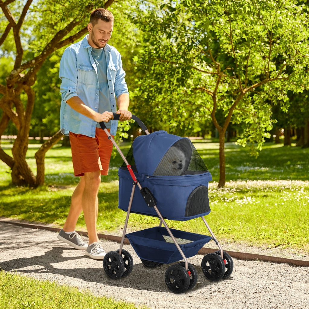 EasyComfort Passeggino per Cani 3 in 1 Pieghevole con Borsa Trasportino e Cestino Inferiore, Blu
