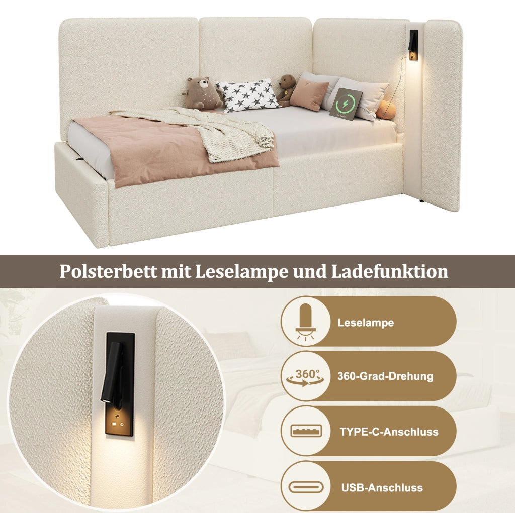 Letto imbottito bouclé beige 90 x 200 cm con vano contenitore e luce