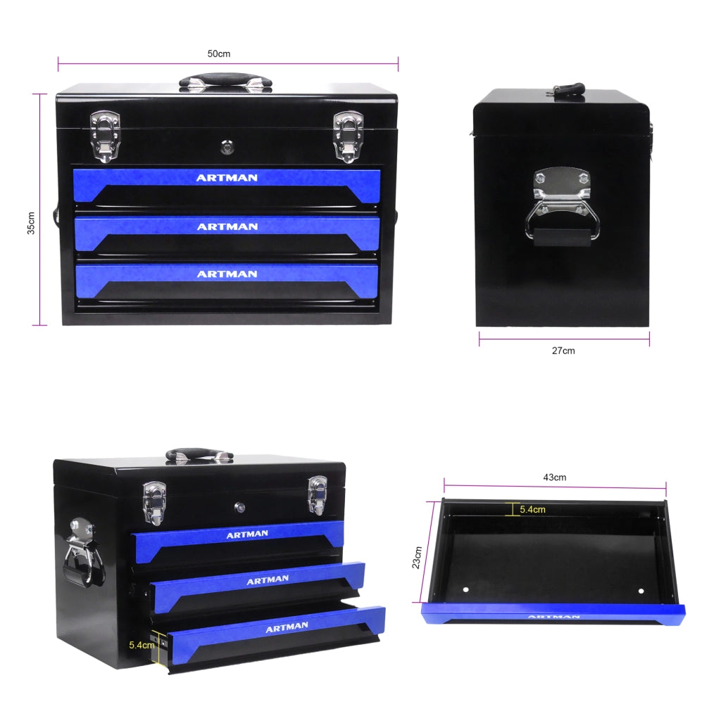 Cassetta per Attrezzi in Acciaio 508 mm con 3 Cassetti, Chiusure Metalliche, Maniglia, Nero e Blu