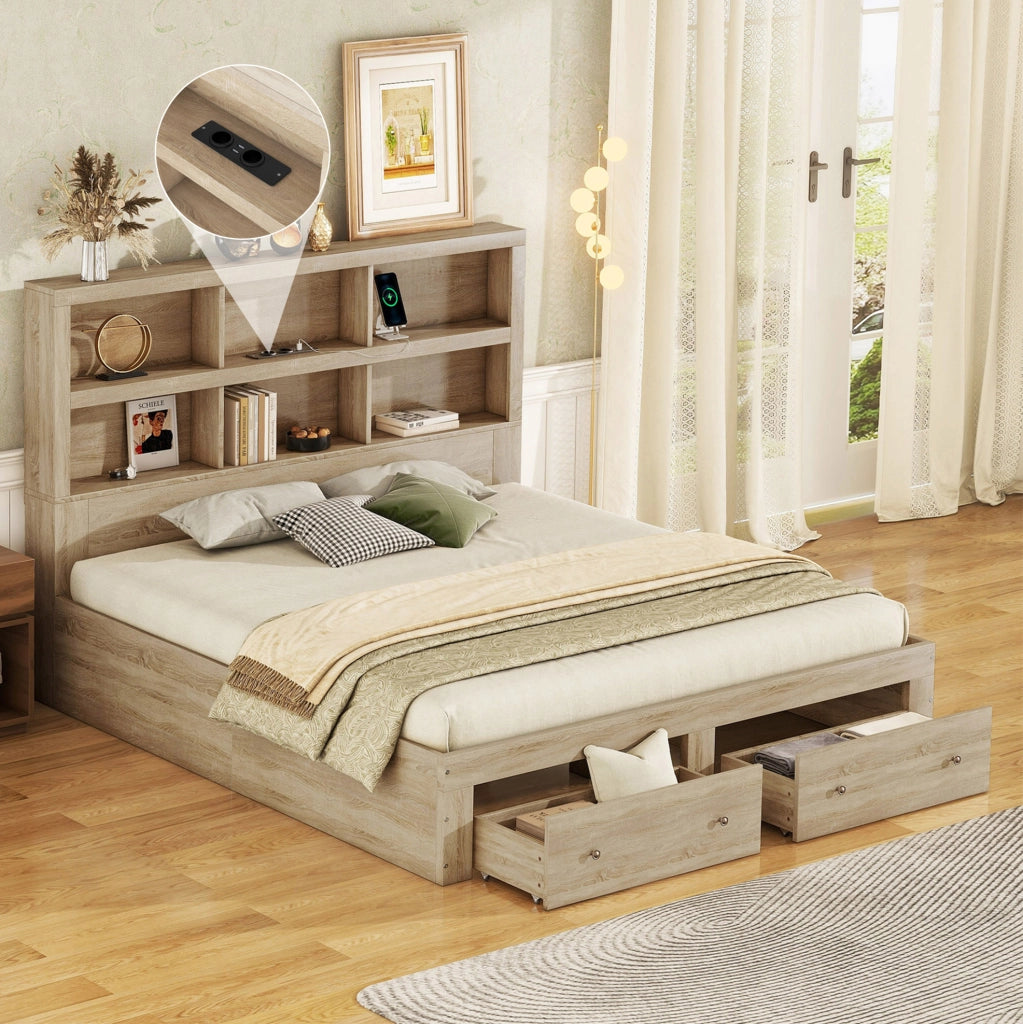 Letto matrimoniale ULEVR 160x200 cm con testiera a 6 vani, porta USB e 2 cassetti, color naturale