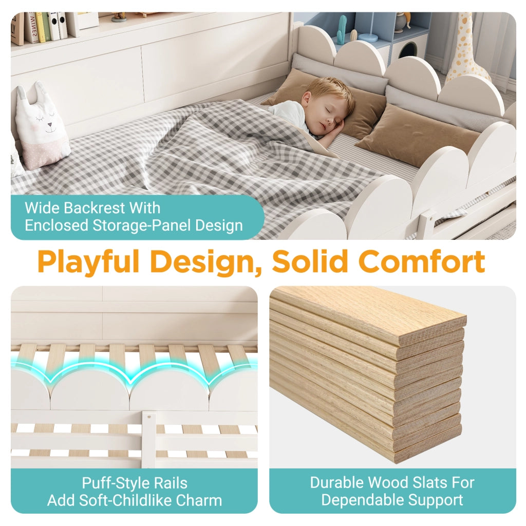 Letto per bambini a pavimento 140 × 190 cm con rete a doghe in legno bianco con barriera porta e ripiano