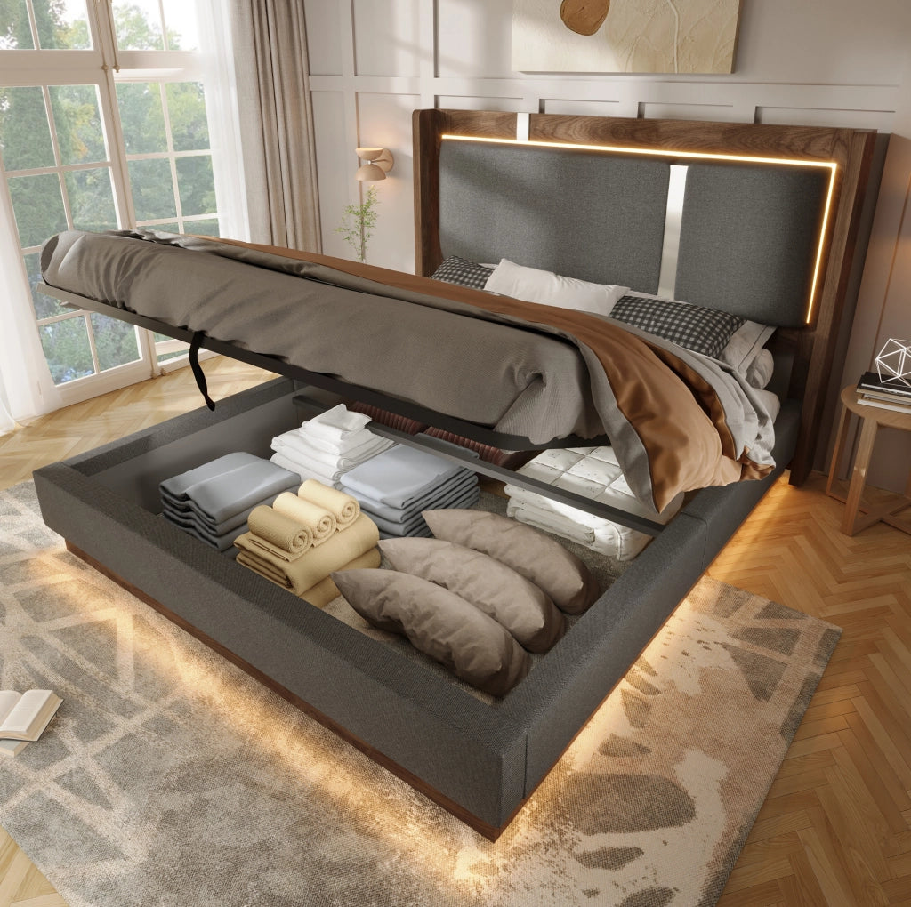 Letto imbottito 140x190 cm con LED e contenitore idraulico in lino grigio e noce