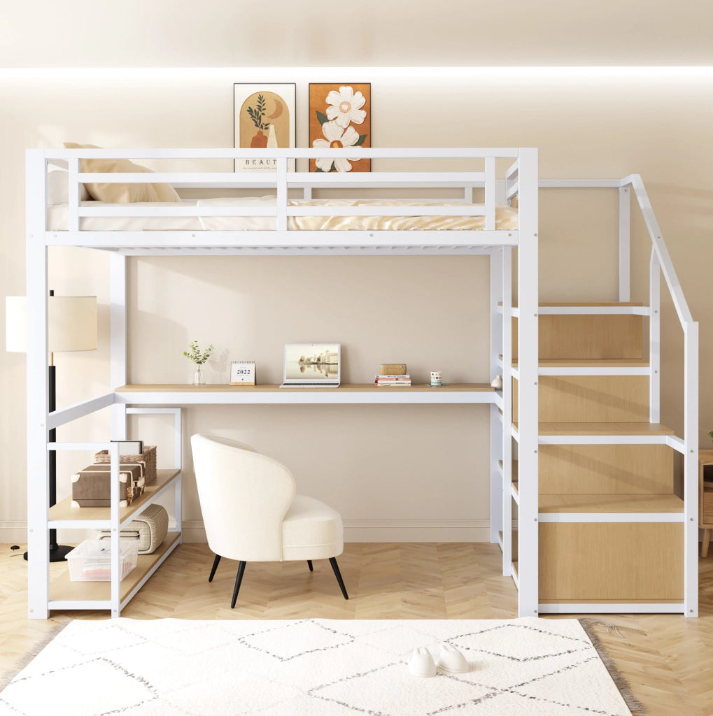 Letto a soppalco in metallo 140x200 cm con scrivania, scaffali e scala contenitore, bianco