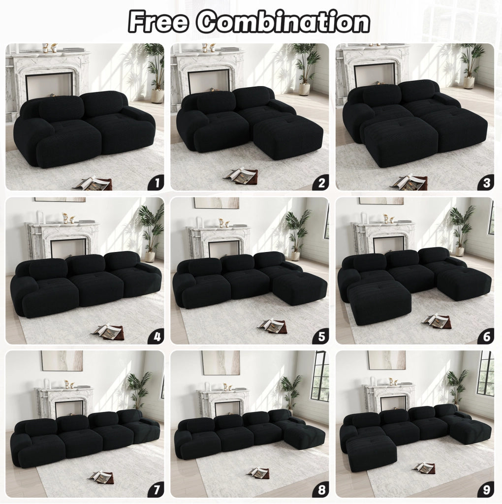 Divano angolare modulare 4 posti con rivestimento in velluto a coste nero, schiuma ad alta densità 32D, senza telaio, con chaise longue e braccioli extra larghi