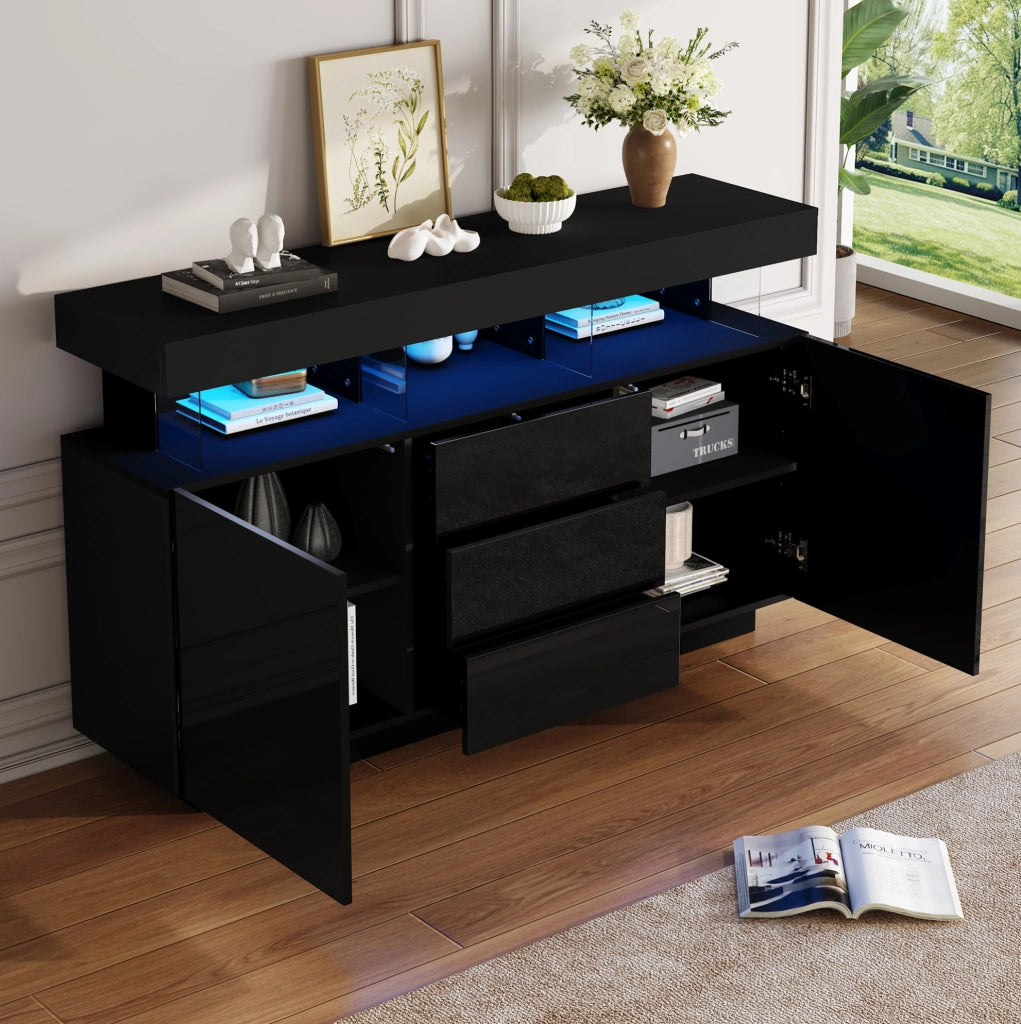 Credenza moderna lucida nera con LED e 3 cassetti