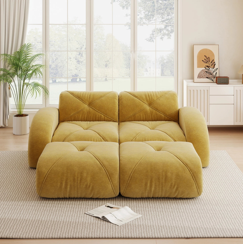 Divano modulare 2 posti in Chenille giallo con 2 pouf, senza struttura, ideale per soggiorno e appartamenti