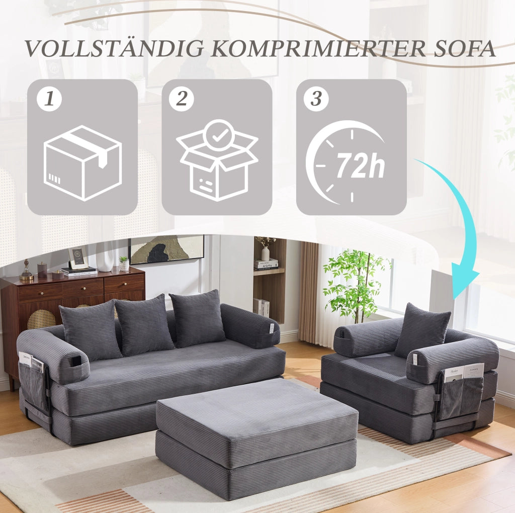 Divano modulare in velluto a coste con poltrona e pouf grigio scuro